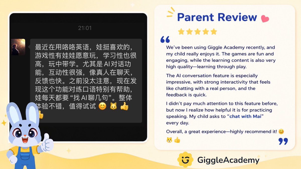 GiggleAcademy's tweet photo. 💙 Nothing makes us happier than hearing how Giggle Academy is making a difference for families.

One parent recently shared that their child loves learning through play - and now asks to "chat with Mai" every day! 🐰✨

It's wonderful to see children building confidence in English through fun, interactive conversations.

Thank you to every family who shares their journey with us. Your feedback inspires us to keep creating better learning experiences every day. 🌟

#GiggleAcademy #LearnEnglish  #KidsLearning