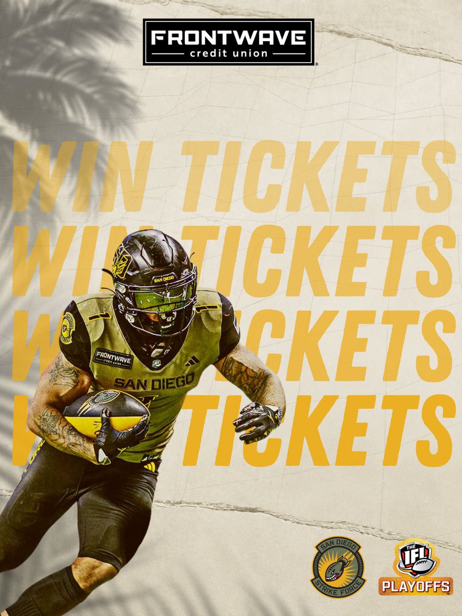 FrontwaveCU's tweet photo. 🏈 PLAYOFF TICKET GIVEAWAY! 🏈

Want to experience the San Diego Strike Force playoffs live?

To win FREE tickets, head over to our Instagram and enter now! 🎟️
https://t.co/rrbDvGZUHs

#WeOutside #FrontwaveCU #SanDiegoStrikeForce #IFLPlayoffs https://t.co/TYtPug0Ni6