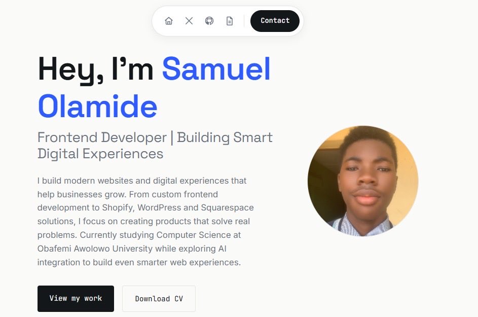 samuel__olamide's tweet photo. Every great developer starts somewhere. 🚀
Here’s a first look at my personal portfolio, built with everything I’ve been learning over the past few months. Still growing, still building. Feedback is always welcome. 💙
#BuildInPublic #FrontendDeveloper #WebDev #Portfolio #OAU https://t.co/hyV3DqHG95