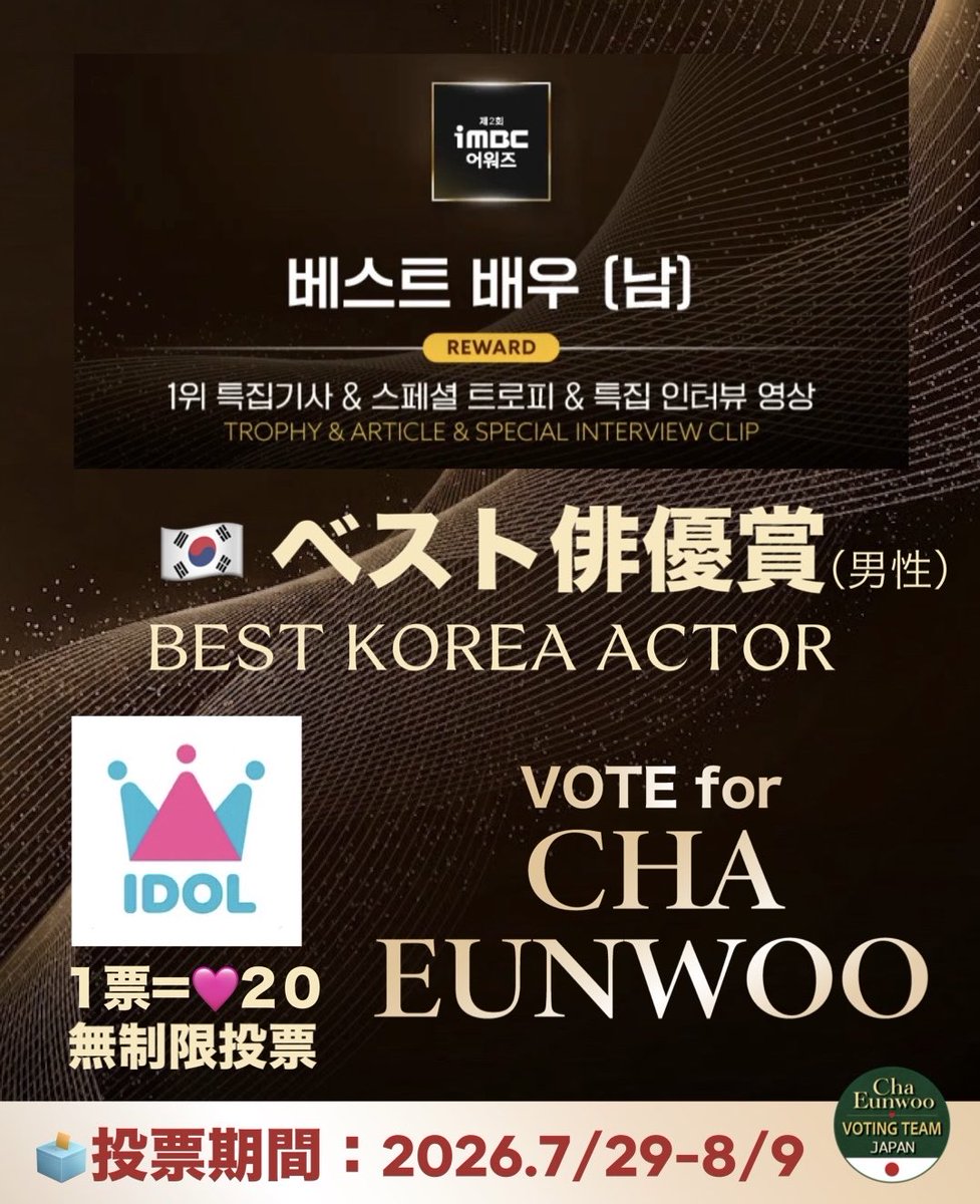 Mimi63786586's tweet photo. 🏆【iMBC AWARDS】BEST KOREA ACTOR
🇰🇷ベスト俳優部門（男性） 
ウヌくんに投票してきた！✨✨✨
🔗 https://t.co/qBmqePgHUa 

 #CHAEUNWOO #チャウヌ #차은우 https://t.co/fxuJ8hk12G