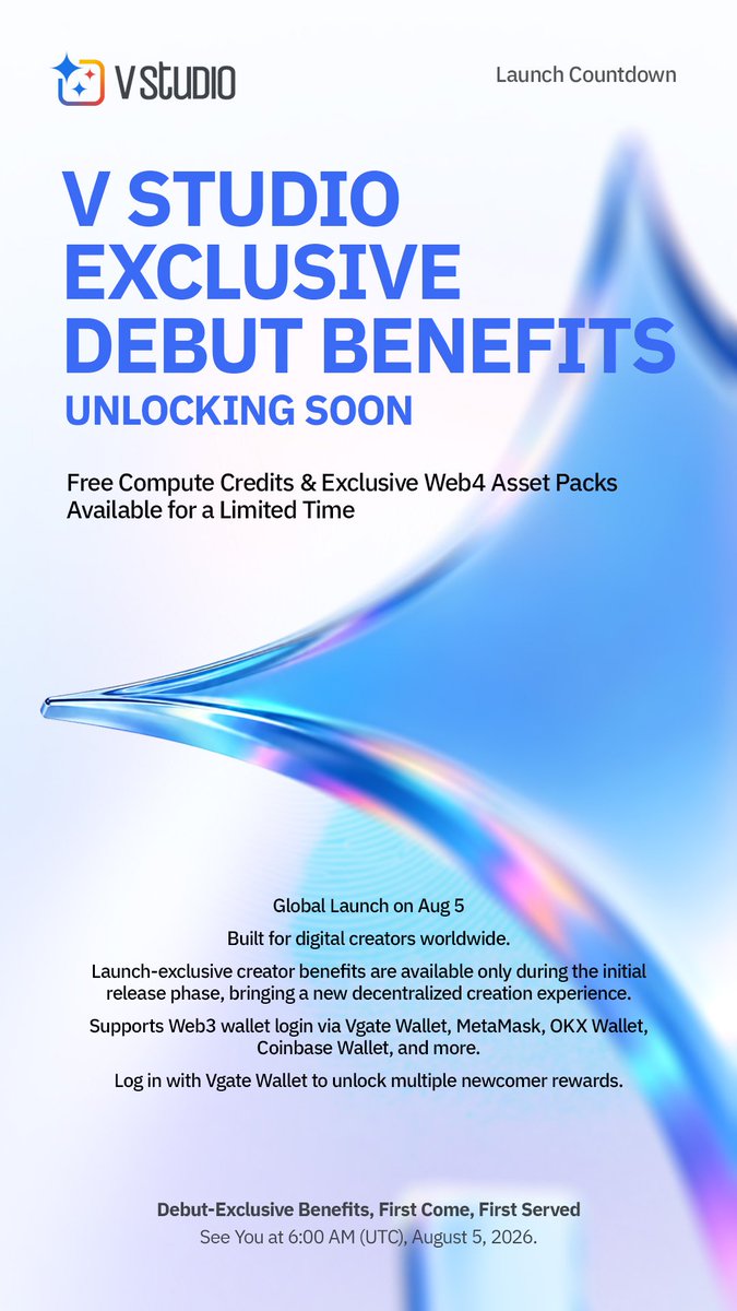 VcityAcademy's tweet photo. V Studio is about to unlock launch-exclusive benefits — first come, first served!
Free computing credits and exclusive Web4 material packs will be available for a limited time.
Log in with Vgate Wallet to enjoy multiple newcomer rewards.
#Vcity #Vstudio #AI #Agent https://t.co/UclKISyBmp