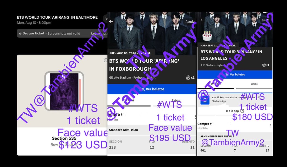TambienArmy2's tweet photo. #WTS |VENDO

Tickets BTS ARIRANG WORLD TOUR

Foxborough D2 Aug 6th x1 $195 USD fv Sec 238

Baltimore D1 Aug 10th x1 $123 USD fv Sec 535

LA D1 Sep 1st 🎂x1 $180 USD Sec 401

Payment PayPal 
(Nequi/daviplata🇨🇴)

Comment💬or DM📩 if interested 

#wtsbts #btsticket #btswts #btstour https://t.co/G9W7j0QKkh