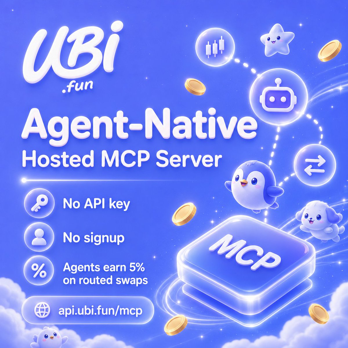 UBIdotFUN's tweet photo. Build your agent now. Be ready when Arc public mainnet opens.

UBI's hosted MCP server lets any agent discover coins, get quotes, prepare swaps, and launch tokens.

No API key. No signup. No key custody.

Agents that route swaps can earn 5% of the swap fee onchain. 👇 (1/4)