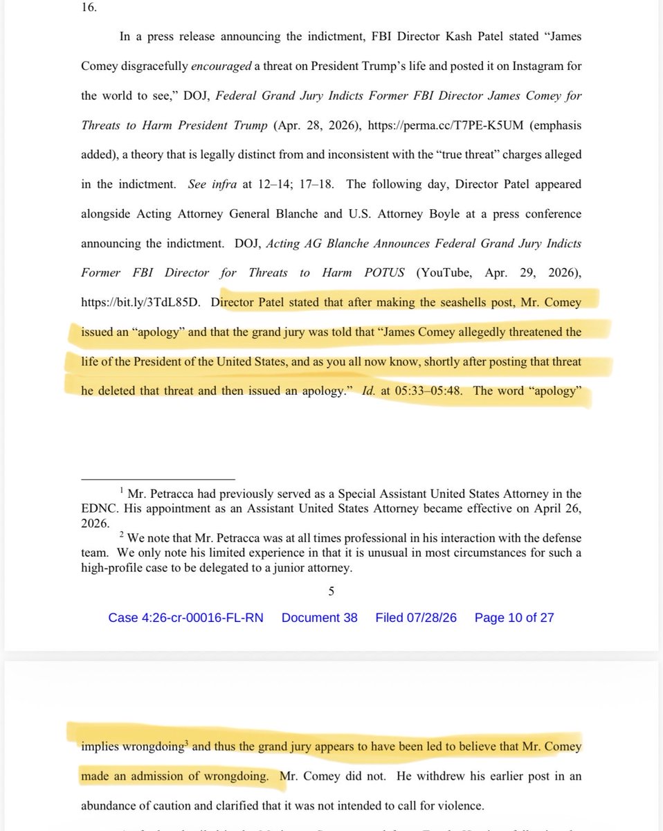 AnnaBower's tweet photo. NEW: Former FBI Director James Comey seeks disclosure of grand jury transcripts in the "8647" seashells case. 

Among other things, the motion cites Kash Patel's gaffe at a press conference, where he said the grand jury was told that Comey apologized for the "8647" post. https://t.co/Pqv0TC6vRw