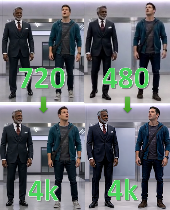 synapzfilms's tweet photo. Generate at the resolution your smallest important detail needs.

480p upscales cleanly on close-ups. On wides it invents detail — including wardrobe that doesn't match. We found it the hard way and regenerated at 1080.

Follow the build → @AndrewSynapz https://t.co/IH47xowGba
