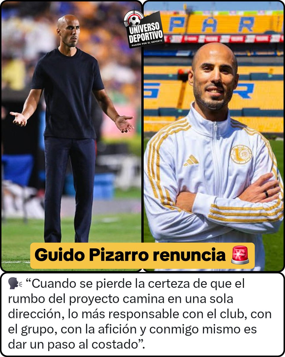 UnivDepo's tweet photo. ‼️Guido Pizarro 🇦🇷 dejó de ser entrenador de Tigres‼️🚨

Renuncia despues de dirigir 74 partidos.
✅️ 33 victorias
❌️ 22 empates
🟰 19 derrotas

#Tigres #GuidoPizarro #LigaMX https://t.co/d743wF36K5