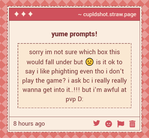 LUVCUPlD's tweet photo. 🕊️ — general question

"sorry im not sure which box this would fall under but is it ok to say i like phighting even tho i don't play the game? i ask bc i really really wanna get into it! but im awful at pvp"

I THINK SO YES!!! the game can be pretty inaccessible to some people + https://t.co/pJHrRrhtzS