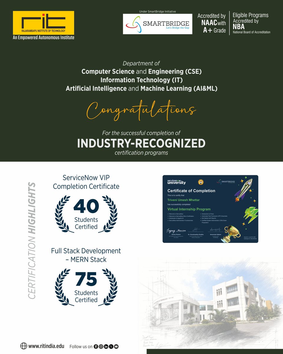 ritindia1983's tweet photo. Under the SmartBridge initiative.
🏆 Certification Highlights:
✅ ServiceNow VIP Completion Certificate – 40 Students Certified
✅ Full Stack Development – MERN Stack – 75 Students Certified
#IndustryReady #ServiceNow #MERNStack https://t.co/JTgVA8scLO