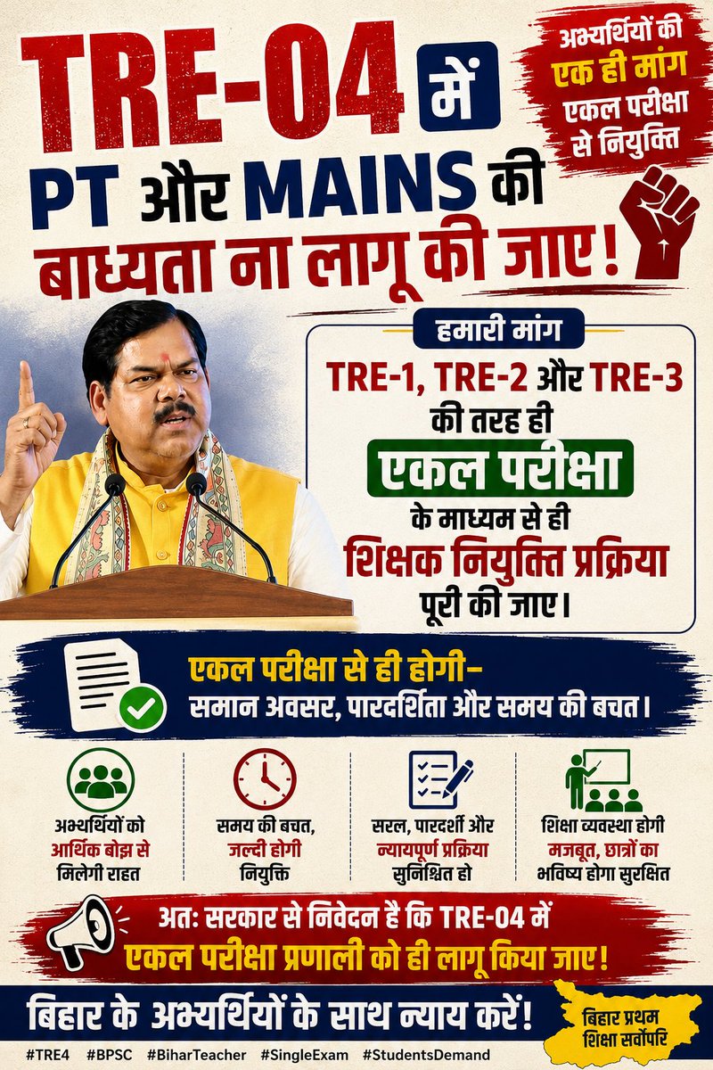 Ravi_Ranjan940's tweet photo. 💟 BPSC TRE 4 💟 
📢TRE 4 में PT और MAINS की बाध्यता ना लागू की जाए,TRE 1,2,3 की तरह ही एकल परीक्षा के माध्यम से नियुक्ति की प्रक्रिया पूरी की जाए। @mkrtiwari_bjp @samrat4bjp 
@gadbihar @Jduonline https://t.co/165mQ3lQoB