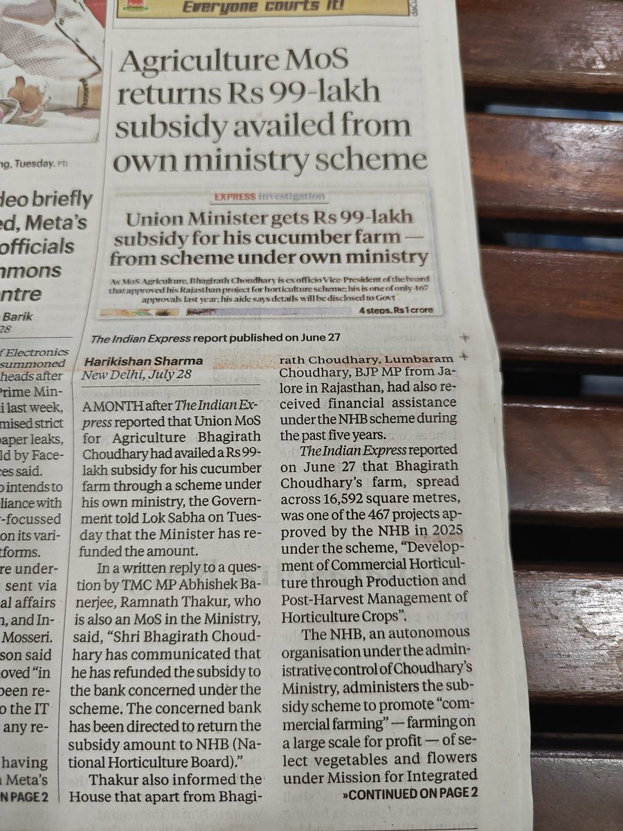 sinjain's tweet photo. Is this a first in Independent India? A minister takes subsidy on a scheme from his own ministry, gets caught by @IndianExpress and then tells parliament he has returned the amount. What about punishment? https://t.co/GIdI2Ufq0G