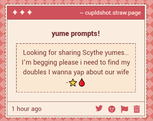 LUVCUPlD's tweet photo. 💌 — mutual request

"looking for sharing scythe yumes... im begging please i need to find my doubles i wanna yap about our wife - ⭐️🩸" https://t.co/yWyRrX4UpL