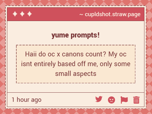 LUVCUPlD's tweet photo. 🕊️ — general question

"haii do oc x canons count? my oc isnt entirely based off me, only some small aspects"

yes of course! oc x canons do fall beneath the yumeshipping/selfshipping umbrella! admin is also a oc x canoner eheh... https://t.co/YhDiUOShHC