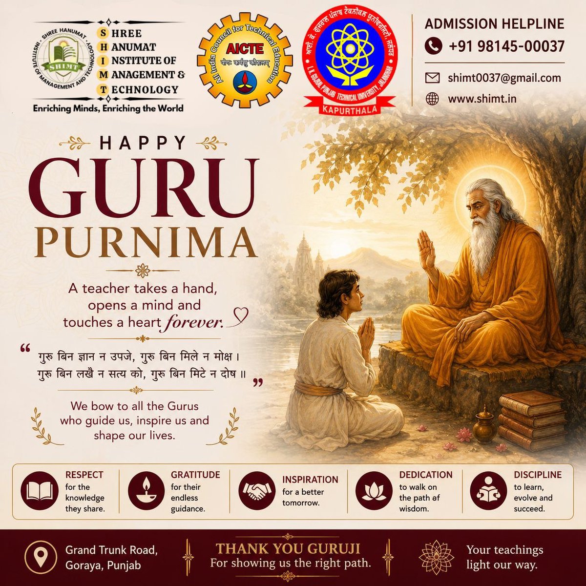 Shimt12's tweet photo. "A Guru is not just a teacher but a guiding light who transforms lives through knowledge and inspiration."
This Guru Purnima, let us bow in gratitude to all the Gurus who have  empowered us to dream, learn, and succeed.
Wishing everyone a blessed and inspiring Guru Purnima! 🙏 https://t.co/SV5pu7yraI