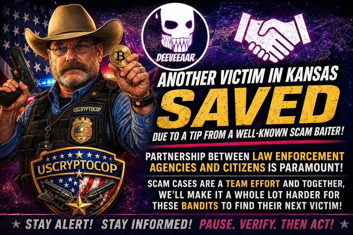 USCryptoCop's tweet photo. Another Kansas victim saved thanks to a tip from a well-known scam baiter!

It takes a team to stop scammers. Together, we'll make it a whole lot harder for these bandits to find their next victim.

#USCryptoCop #ScamPrevention #FraudPrevention https://t.co/06Ue7t1GAN
