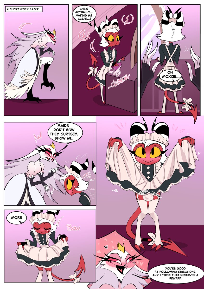 MarcyNGrace's tweet photo. The Agreement Pt. 2 (pg 1)

Stella makes sure her newest maid follows EVERY protocol to the letter, even some if the more unorthodox ones…

And it does get spicier…

Arty by the fabulous @Rosy_Fun_ 

#HelluvaBossStella 
#HelluvaBossMoxxie 
#Stelloxxie https://t.co/w4t7ZrvzzF