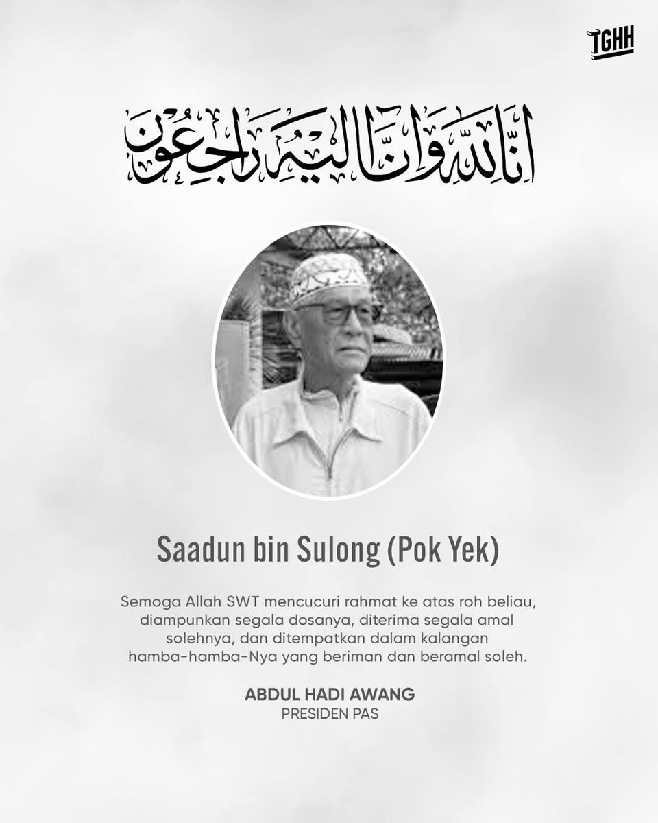 abdulhadiawang's tweet photo. Dukacita saya menerima berita pemergian almarhum Saadun bin Sulong (Pak Yek Cikgu Long) yang telah kembali ke rahmatullah.

Almarhum pernah berkhidmat sebagai pengawal keselamatan saya dan sentiasa melaksanakan amanah yang dipertanggungjawabkan dengan penuh dedikasi. Saya amat menghargai segala jasa dan pengorbanan almarhum sepanjang tempoh perkhidmatannya.

Semoga Allah SWT mengampunkan segala dosa almarhum, menerima segala amal solehnya, melimpahkan rahmat ke atas rohnya serta menempatkannya dalam kalangan para solihin. Semoga seluruh ahli keluarga dikurniakan kesabaran dan ketabahan dalam menghadapi ujian ini.

Al-Fatihah.

ABDUL HADI AWANG
Presiden PAS