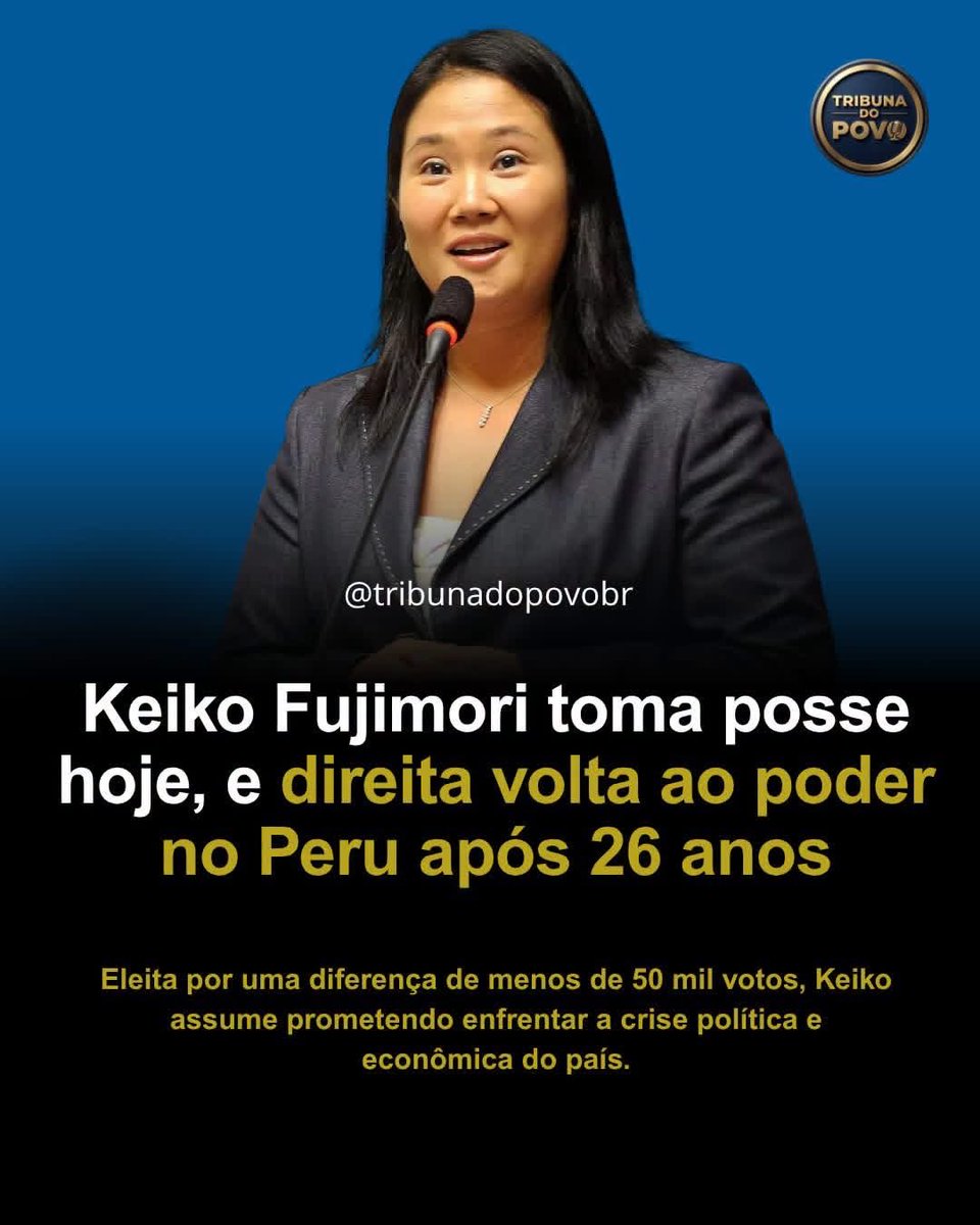 RubenirCadernal's tweet photo. Keiko Fujimori tomou posse nesta terça-feira 28 como presidente do Peru, encerrando uma das eleições mais disputadas do país. A candidata do Fuerza Popular venceu Roberto Sánchez por apenas 49.641 votos, resultado confirmado após 22 dias de revisão pelo Júri Nacional de Eleições. https://t.co/i64gQVSKIz