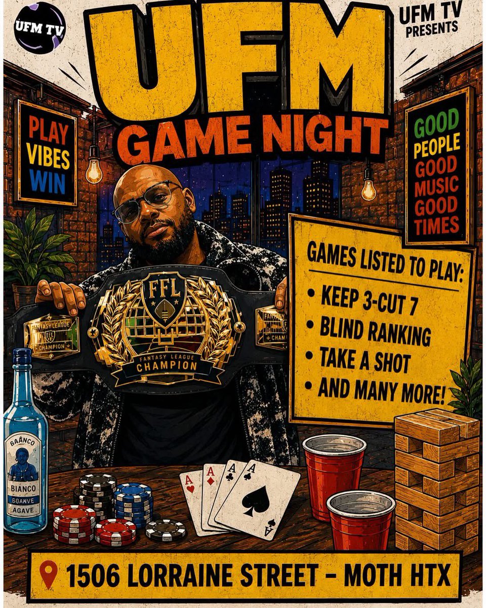 UFMTV_'s tweet photo. 🚨HOUSTON🚨 We are officially hosting our first game night on August 8th at #MothHouston 🎲

We will bring our famous games to a live audience. Y’all said you knew more ball than us, well….now is your chance to show it 🤷🏾‍♂️ https://t.co/eMN1hHGNxo