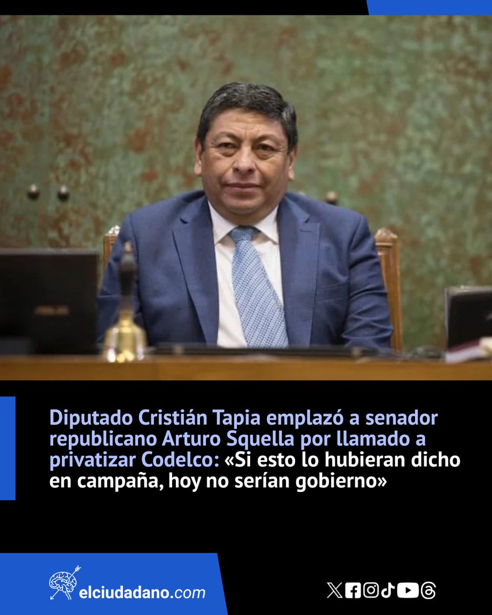 El_Ciudadano's tweet photo. Presidente del Partido Republicano pidió al gobierno de Kast avanzar en la privatización de Codelco "o al menos parte de su propiedad" para que -dijo- "entre oxígeno privado a esa empresa", ante lo cual el diputado Tapia le recordó que la minera "le pertenece a todas y a todos los chilenos. Codelco es del Estado: no le pertenece a republicanos. Si ustedes hubieran dicho esto en su campaña, tengan la seguridad que no serían gobierno", afirmó el parlamentario por la Región de Atacama.

¿Y tú, qué opinas? ¡Te leemos en los comentarios!

Lee la nota completa en el link 🔗https://t.co/pTgSPaiQKR