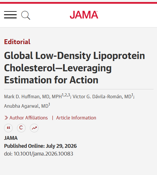 JAMA_current's tweet photo. 💬 Editorial by Mark Huffman, MD, MPH, Victor Dávila-Román, MD, and Anubha Agarwal, MD: The Global Burden of Disease 2023 estimates for #LDLCholesterol support moving from measurement to implementation through #population policies and #health system strategies. 

The World Health Organization’s Global Hearts Initiative, the World Heart Federation’s Cholesterol Roadmap, and the Pan American Health Organization’s HEARTS in the Americas initiative may help expand #cholesterol testing and treatment access.

https://t.co/P2bdRyLbRc