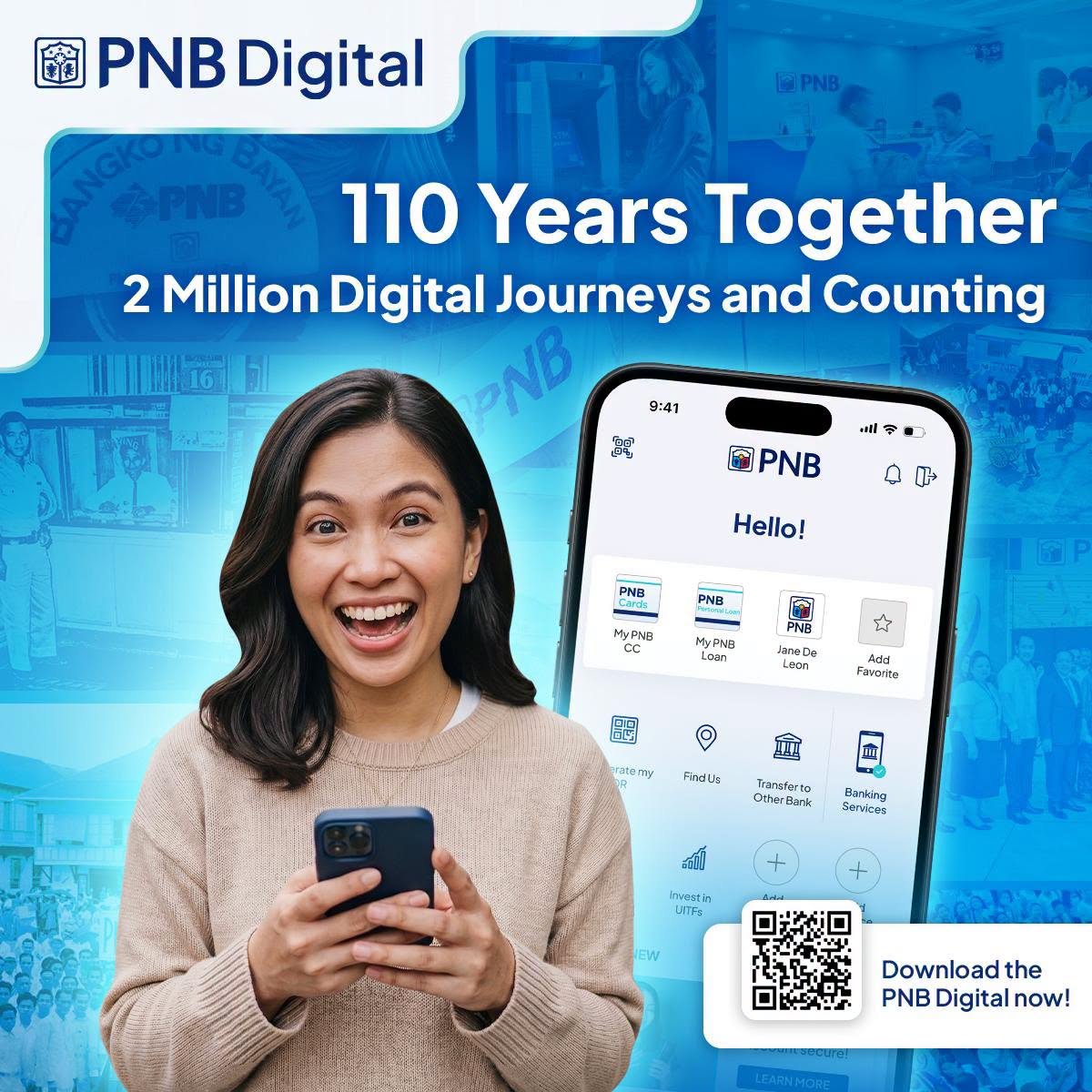 PNBph's tweet photo. As PNB marks 110 years of serving Filipinos, we celebrate 2 million users on PNB Digital.

Thank you for trusting us through every step. Here’s to more milestones, together.

Philippine National Bank (PNB) is regulated by the Bangko Sentral ng Pilipinas. https://t.co/Ba2x3UuV9V https://t.co/O1GjGJ6Efx