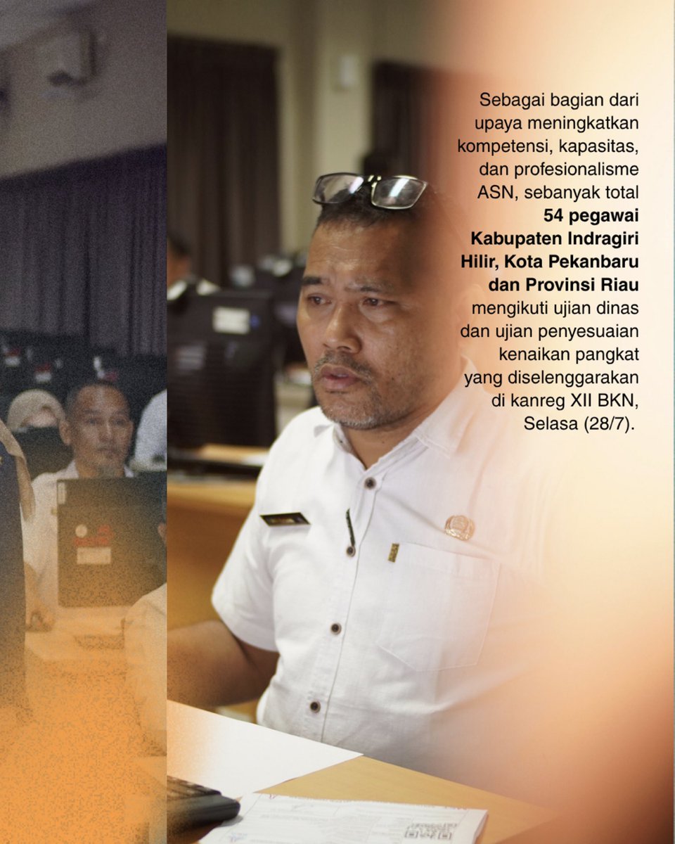 kanreg12bkn's tweet photo. 54 ASN mengikuti Ujian Dinas dan Ujian Penyesuaian Kenaikan Pangkat yang diselenggarakan Kanreg XII BKN.
Kegiatan ini diikuti oleh:
📌 43 ASN Pemerintah Kabupaten Indragiri Hilir
📌 2 ASN Pemerintah Kota Pekanbaru
📌 9 ASN Pemerintah Provinsi Riau https://t.co/lYUe3XixKa