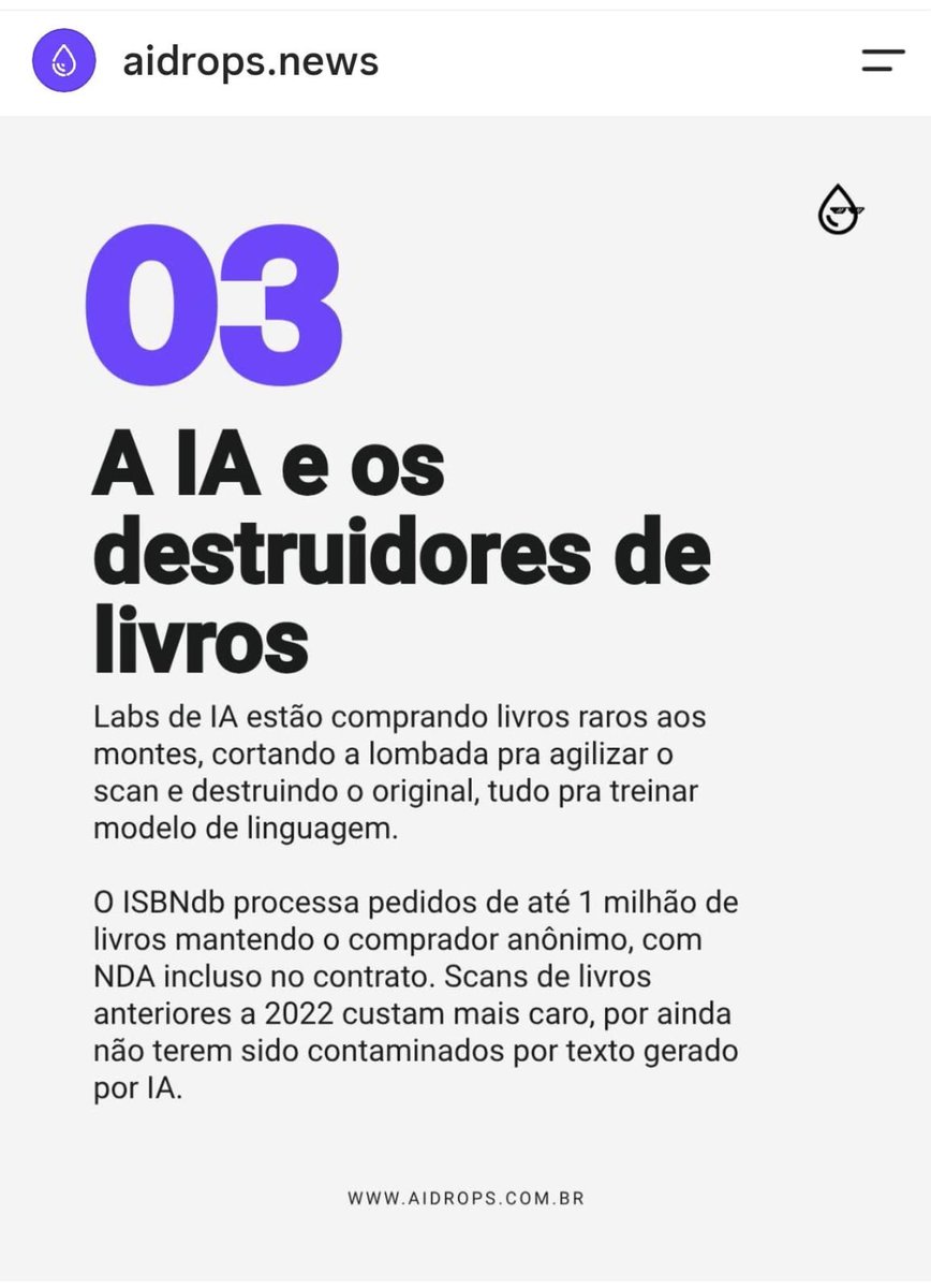 tlramires's tweet photo. Essa notícia trazida pela @AiDrop_News , se conprovada, é de uma cretinice sem tamanho por parte desses AI Bros! Poderiam fazer parcerias com bibliotecas e tantas outros projetos interessantes https://t.co/bWH5jgUef9