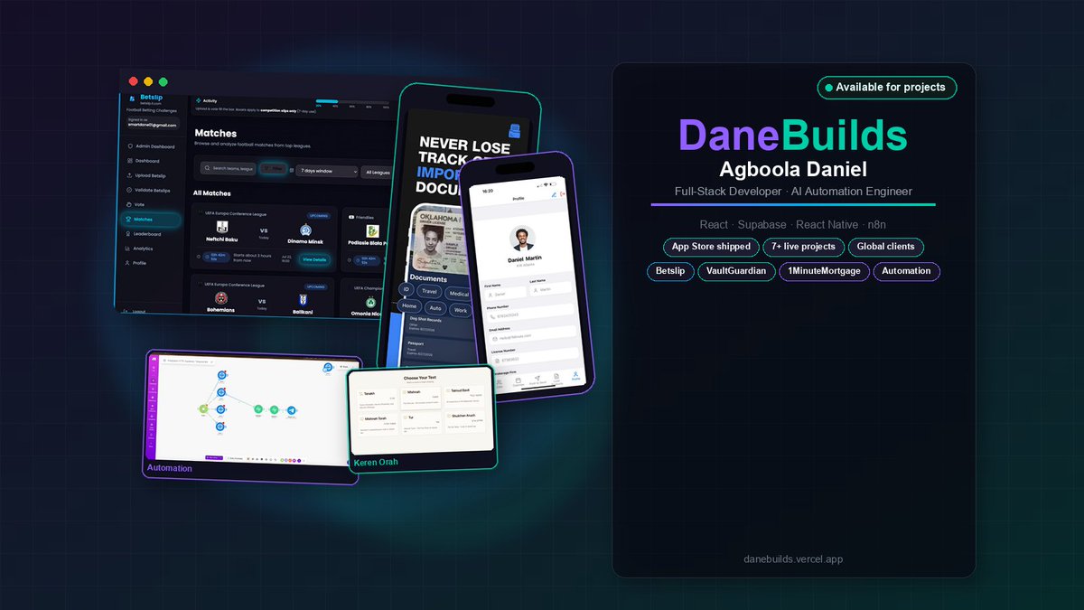 DaneBuilds's tweet photo. Just launched my Contra profile — open for web, mobile & automation projects.

Shipped to App Store & Google Play:
→ Realtor CRM + AI voice agent
→ Football betting platform (live)
→ Secure document vault (iOS)

Stack: React · Next.js · Supabase · React Native · n8n

https://t.co/TWeTJx6nYi

#buildinpublic #ReactNative #Supabase #freelance #Contra