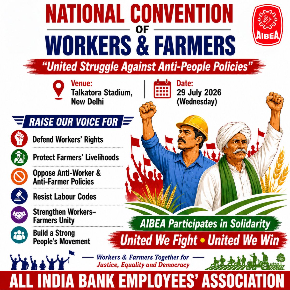 AIBEAofficial's tweet photo. National Convention of Workers & Farmers Today (29-07-2026) Talkatora Stadium, New Delhi
#AIBEA https://t.co/mdqZRCppp7