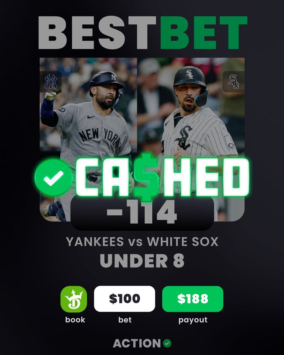 ActionNetworkHQ's tweet photo. ✅ YANKEES VS WHITE SOX UNDER 8

Only 5 total runs on the board to easily cash @FAmmiranteTFJ’s best bet! 💰 https://t.co/jlOq2x4LJB