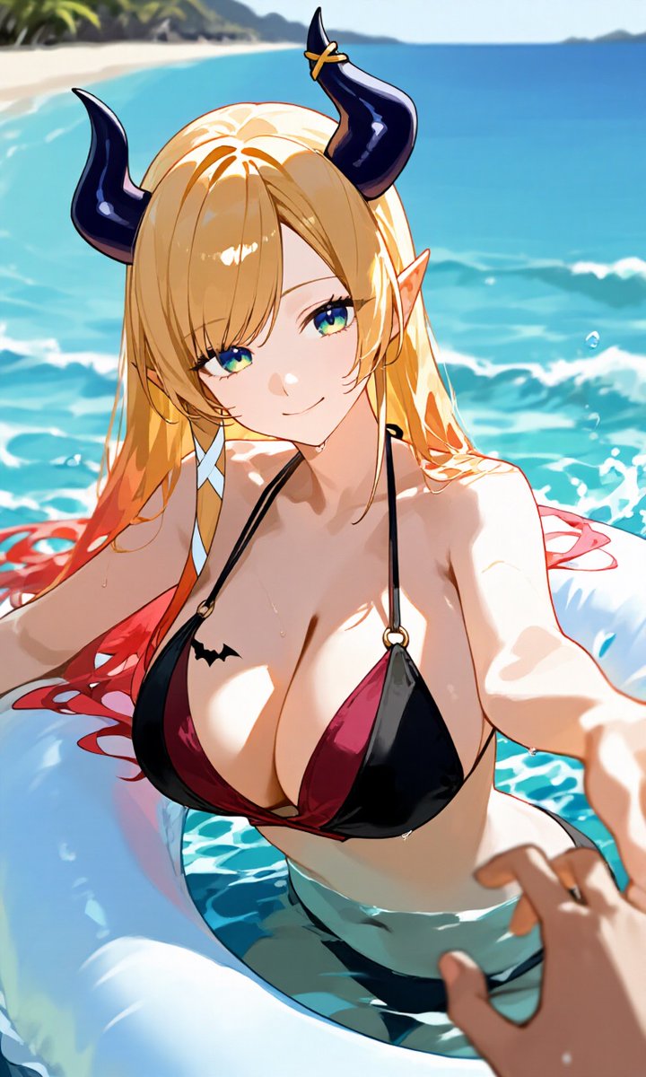 KuroiNu_17's tweet photo. ほら、手を伸ばして？浮き輪を持って海へダイブしましょ！可愛いチョコの写真も残すわよ♡

ちょっと泳ぎ疲れたかしら？日陰で美味しいジュースでも飲んで、ちょこの隣で休みなさ〜い♪

もうすっかり夕暮れね……ふふっ、今日はずっとちょこのこと見つめてたでしょ？素直で可愛いわね♡

#ホロライブ #癒月ちょこ #AIイラスト
