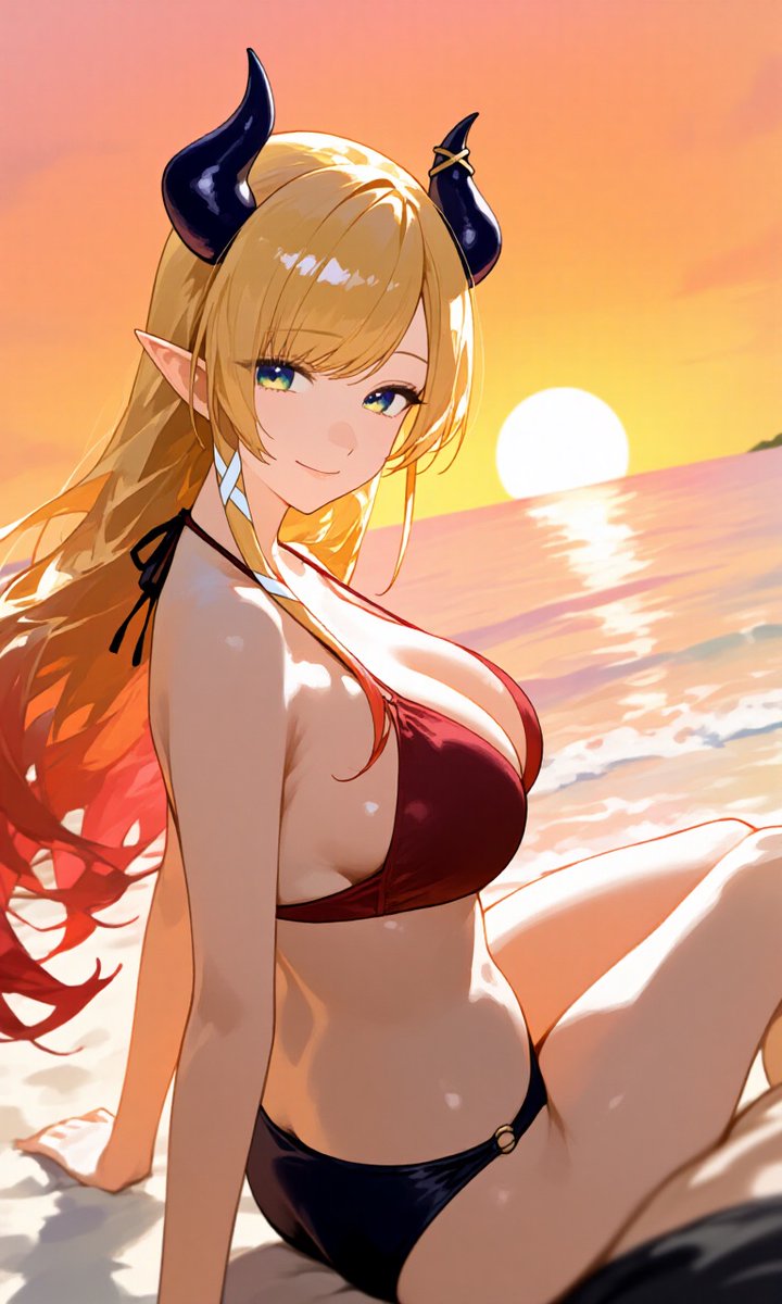 KuroiNu_17's tweet photo. ほら、手を伸ばして？浮き輪を持って海へダイブしましょ！可愛いチョコの写真も残すわよ♡

ちょっと泳ぎ疲れたかしら？日陰で美味しいジュースでも飲んで、ちょこの隣で休みなさ〜い♪

もうすっかり夕暮れね……ふふっ、今日はずっとちょこのこと見つめてたでしょ？素直で可愛いわね♡

#ホロライブ #癒月ちょこ #AIイラスト