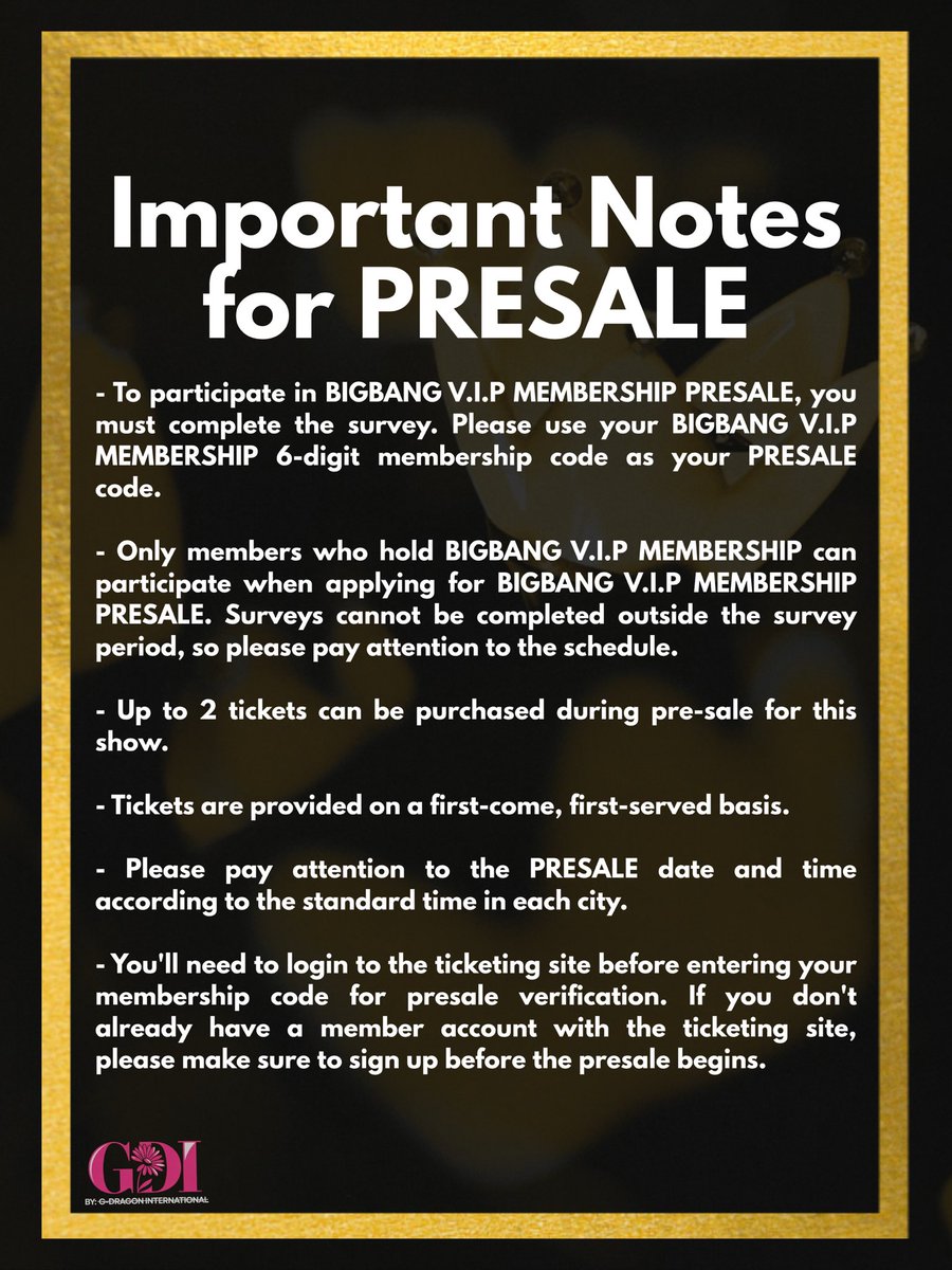 gdragonintl's tweet photo. 🎟️ TAIPEI TICKETING GUIDE

The BIGBANG V.I.P Membership Presale Survey Registration is now open! Make sure to complete your survey within the registration period to secure your eligibility for the Taipei membership presale.

⏰ Don’t miss the deadline—register before it closes!

#BIGBANG #BIGBANG20 #BIGBANG2026 #WorldTour #Taipei