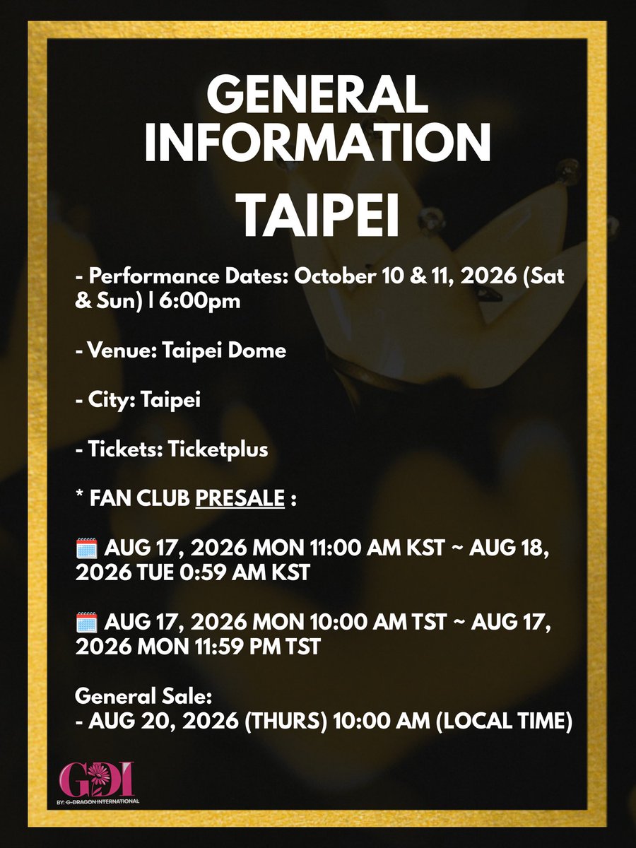 gdragonintl's tweet photo. 🎟️ TAIPEI TICKETING GUIDE

The BIGBANG V.I.P Membership Presale Survey Registration is now open! Make sure to complete your survey within the registration period to secure your eligibility for the Taipei membership presale.

⏰ Don’t miss the deadline—register before it closes!

#BIGBANG #BIGBANG20 #BIGBANG2026 #WorldTour #Taipei