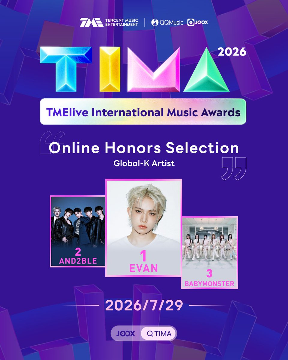 JOOXTH's tweet photo. 📊 2026 TIMA International Music Awards · Day 10 | July 29
🏆 Global-K Artist Honor · Today’s Passion Index TOP 3

As of July 29, 10:00 (GMT+8)

🥇 #EVAN — Passion Index: 2,454,804 @h_evva_n 
🥈 #AND2BLE — Passion Index: 549,890 @AND2BLE 
🥉 #BABYMONSTER — Passion Index: 107,522  @YGBABYMONSTER_ 

⏳ 11 Days Left Until Recommendations Close
📅 Event Period: July 20, 11:00 – August 9, 12:00 (GMT+8)

📌 Complete daily and event-wide missions to earn Passion Index 💪

Help your favorite artist earn exclusive honors ✨
Every recommendation adds to their Passion Index.

🙌 Open JOOX and search “TIMA” to join now
🔗https://t.co/X88o78oC10

#TIMA #TIMA2026 #JOOX