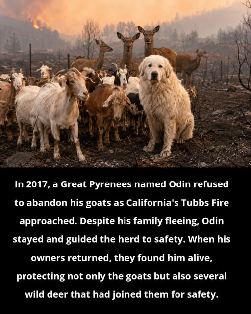Sarahjh98's tweet photo. During the 2017 Tubbs Fire 
Odin the Great Pyrenees refused to leave the goats he protected. When his family returned, they found him alive, with all eight goats safe and even deer had gathered around him for protection. A true guardian  🐕🔥🦌 https://t.co/qPwNuVK3FL