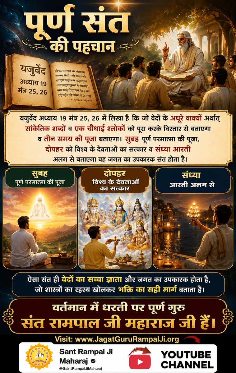 Subhash85771307's tweet photo. #पूर्णगुरु_संतरामपालजीमहाराज

Sant Rampal Ji Maharaj जो पूर्ण सतगुरु होगा उसमें चार मुख्य गुण होते हैं:-
गुरू के लक्षण चार बखाना, प्रथम वेद शास्त्र को ज्ञाना (ज्ञाता)।
दूजे हरि भक्ति मन कर्म बानी, तीसरे समदृष्टि कर जानी।
चौथे वेद विधि सब कर्मा, यह चार गुरु गुण जानो मर्मा। https://t.co/hJpINLtXLz