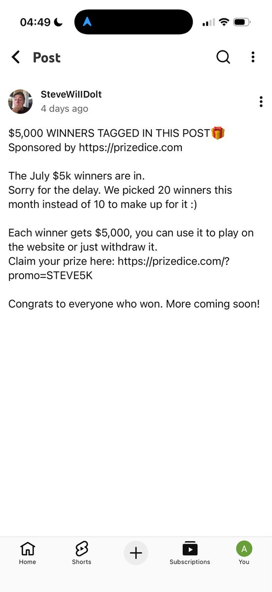 Whoislowkey7's tweet photo. @stevewilldoit just wanted to warn you that someone is using your name to scam people. I found a YouTube post claiming I had won $5,000 and was told to deposit money to withdraw the prize. I ended up losing €100. The post links to PrizeDice and makes it look like it’s sent by u. https://t.co/pSLR6uhJfQ