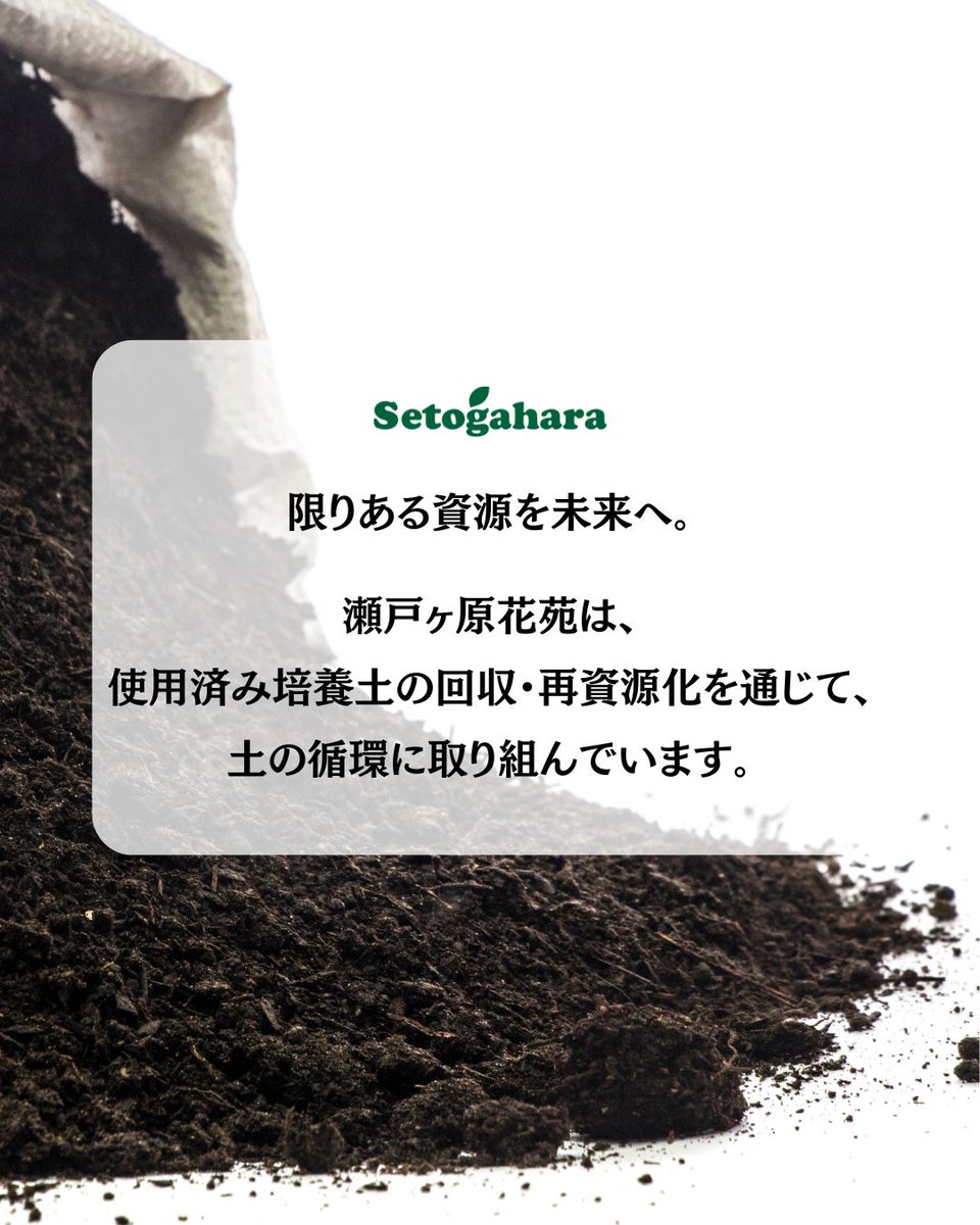 setogaharakaen's tweet photo. 土は、役目を終えても終わりではありません。
回収した使用済み培養土は再資源化され、地球を削らない再生可能原料と組み合わせて、新たな培養土ecolinkへ。
限りある資源を大切にしながら、資源循環につながるものづくりを続けています。

#瀬戸ヶ原花苑 #ecolink #培養土 #資源循環 #園芸 https://t.co/ct8OqcoRMF