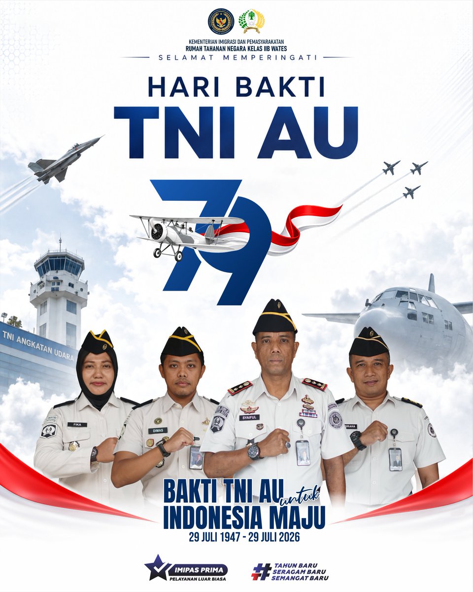 WatesRutan's tweet photo. Segenap Keluarga Besar Rutan Kelas IIB Wates Mengucapkan :

Selamat Hari Bakti TNI AU
Tentara Nasional Indonesia Angkatan Udara

"Bakti TNI Angkatan Udara untuk Indonesia Maju." https://t.co/FBp8JAMF5a