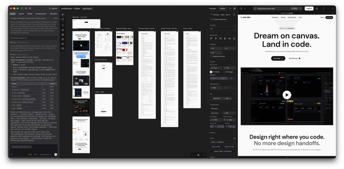 tomkrcha's tweet photo. @ridd_design @pendev Hey @ridd_design, thanks! Still surprises me how much this unlocks.
I just asked the agent `create a sitemap of https://t.co/WYLlpSRnvB on the canvas, import each page.` It pulled all the pages, all editable. Gotta finally redesign our web... https://t.co/8DR5qS2md8