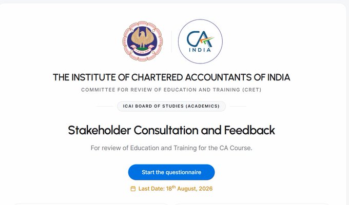 ptalreja8's tweet photo. ICAI has initiated a comprehensive review of its Scheme of Education & Practical Training through the Committee for Review of Education and Training (CRET).
Link:- https://t.co/cvNdjKbfLb
#cafoundation #castudents #cafinal #cainter #ca #icai #caexams #icaiexams #caresult https://t.co/h6BXdWeCWh