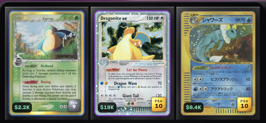 TiltRips's tweet photo. Collector Showcase Spotlight 03 ✨

I must say, LJH23's 3-card collection goes hard. PSA 9 Delta Species Snorlax, PSA 10 DF Dragonite ex, and a PSA 10 Japanese Vaporeon! https://t.co/IZPppzXigP