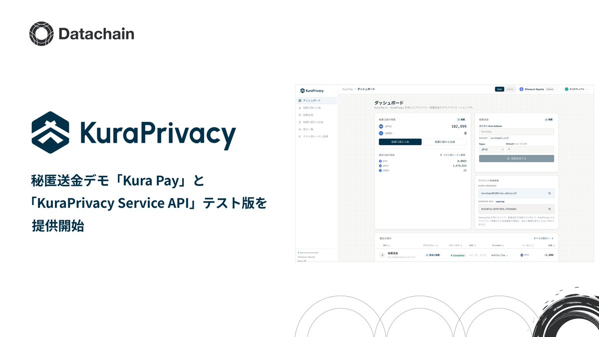 KuraPrivacy's tweet photo. 【お知らせ】
KuraPrivacy Service APIのテスト版提供を開始します。

決済事業者・ウォレット事業者が、自社サービスに秘匿送金を組み込めます。

あわせて、主要機能をブラウザで体験できるデモアプリ「Kura Pay」をパートナー企業向けに提供します。  https://t.co/KRNcrnt4AO https://t.co/aiBhrpXsRn