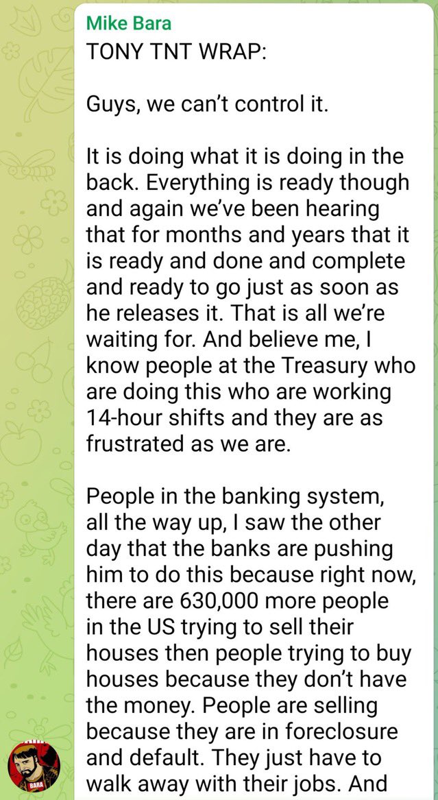 TexasSnakeIntel's tweet photo. TNT Tony

We've been hearing for months, even years, that "everything is prepared and complete, ready to execute the moment he gives the go-ahead."

I know people involved in this operation at the Treasury, and they're working 14-hour shifts, feeling just as frustrated as we are https://t.co/UaXoCrRKbl