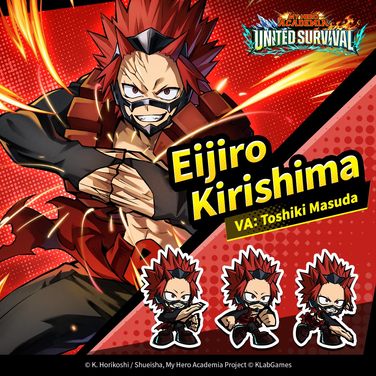 MHA_HS_en's tweet photo. ◤ #MHA: UNITED SURVIVAL
Character Spotlight: Eijiro Kirishima ◢

An enthusiastic youth whose creed is manliness. 
Eijiro's Quirk, "Hardening," allows him to harden his entire body, enhancing both offense and defense.

▼Pre-register here:
https://t.co/6FjFDxwZFE

#MHA_HS https://t.co/z01TRtyvKN
