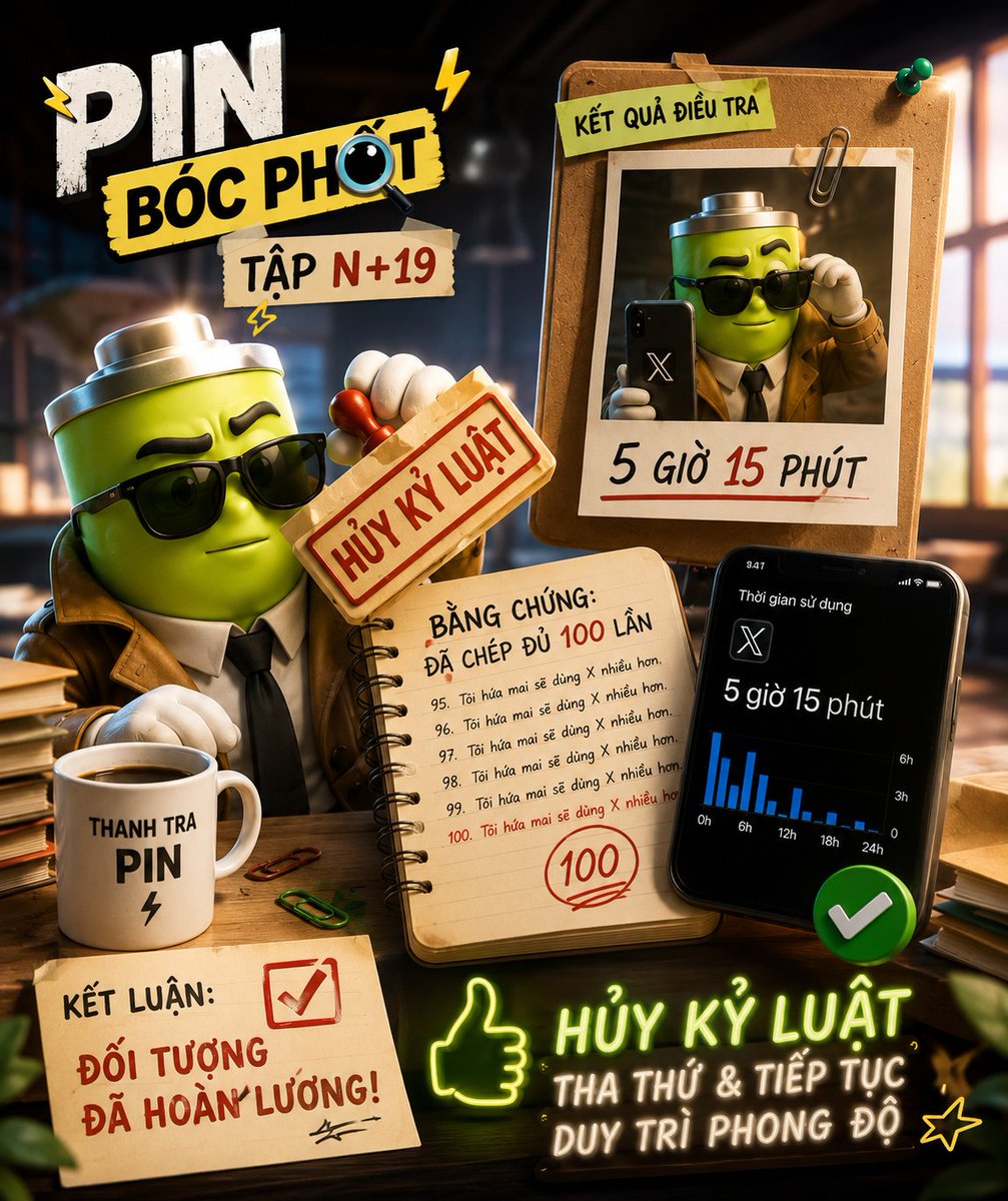 Ubjnodn951's tweet photo. 📱 PIN BÓC PHỐT - TẬP N+19
📂 KIỂM TRA SAU KỶ LUẬT
📊 Tang vật: 5 giờ 15 phút.
Thanh tra Pin hỏi:
"Chép đủ 100 lần chưa?"
Đối tượng:
"Dạ đủ." 🥹
Thanh tra Pin nhìn điện thoại...
5 giờ 15 phút.
"Lần này tha." 🤣
📝 Quyết định:
Giảm án từ "chép 100 lần" xuống còn... "tiếp tục duy trì phong độ".
#PinBocPhot #ThanhTraPin #CryptoVN #XCreator #BuildInPublic