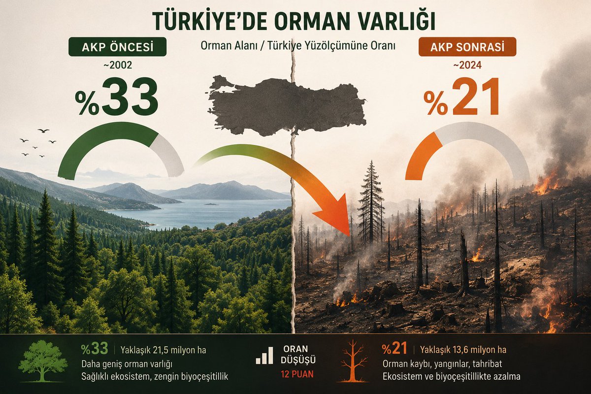 Janitshar's tweet photo. TÜİK verileri Türkiye'de orman alanı %27'den %33'e çıktı diyor. Ancak bu, hukuki "orman alanı" tanımı. Uydu tabanlı raster verilerine CBS analizi ile baktık. Global Forest Watch'a göre Türkiye, 2001–2025 arasında yaklaşık 840 bin hektar ağaç örtüsü kaybetti. 
Çöl oluyoruz resmen. https://t.co/bs0G0ktCSm