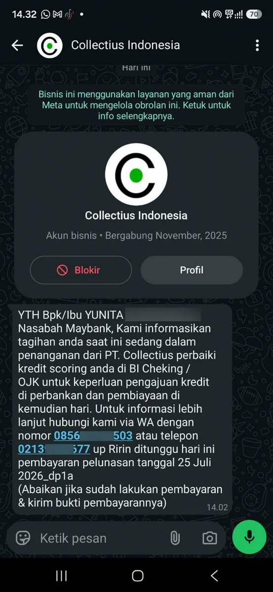 MediaKonsumenID's tweet photo. Seseorang yang bukan nasabah Maybank menerima pesan WhatsApp dari PT Collectius Indonesia pada 24 Juli 2026, isinya tagihan utang atas nama seseorang yang sama sekali tidak ia kenal. Tidak ada riwayat pinjaman, tidak ada hubungan dengan debitur, dan tidak ada penjelasan bagaimana nomornya bisa masuk ke sistem penagihan. 📱