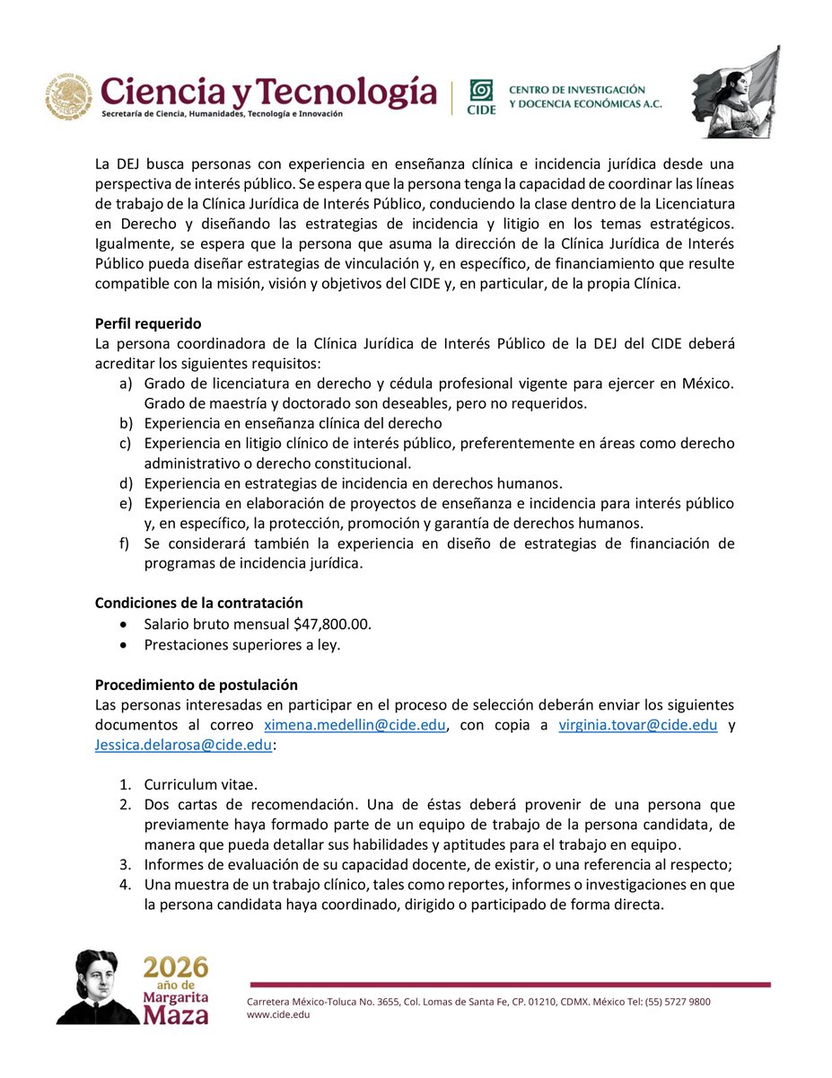 CIDE_MX's tweet photo. .@derechoCIDE tiene disponible una plaza para la dirección y coordinación operativa de la Clínica Jurídica de Interés Público del CIDE. 

⏰ Cierre de convocatoria: 31 de agosto de 2026.
📩 Informes: ximena.medellin@cide.edu
🔗 Convocatoria: https://t.co/6iNP7pRMC5 https://t.co/VOEXcYLYDw